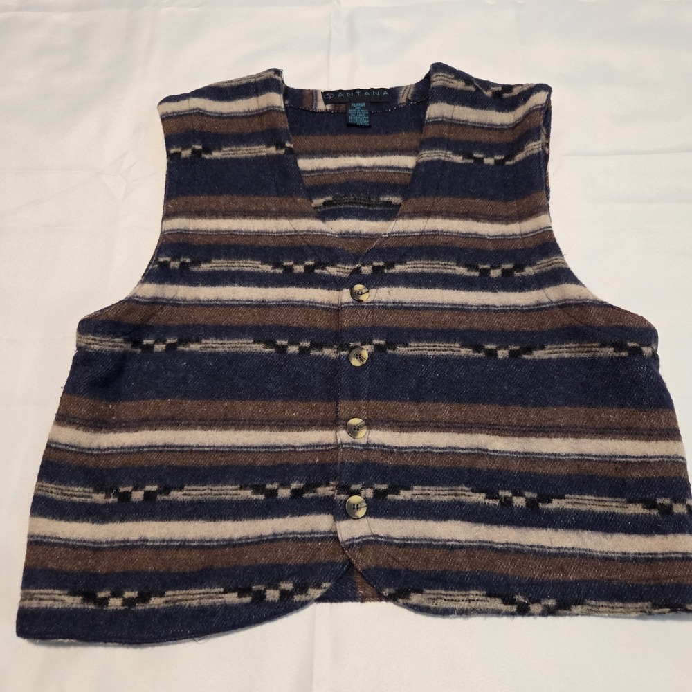 Santana Wool Blend Blue Brown Tan Striped Western Vest Mens Size XL